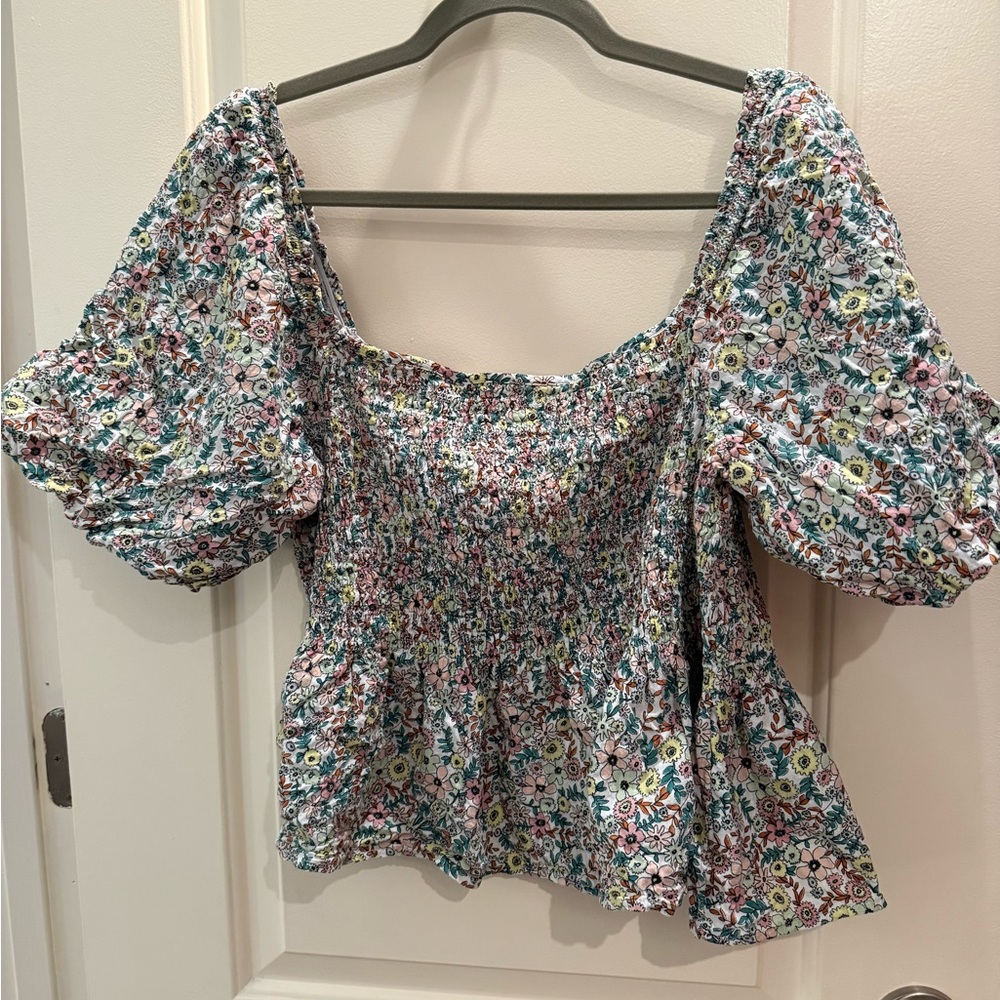 Ana Floral Smocked Puff Sleeve Peplum Top Size XL